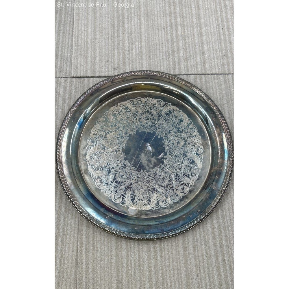 VTG WM Rogers Large 15" Round Silver Plate Tray # 272 Eagle / Star Mark Patinaed